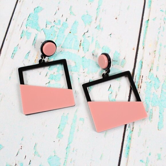 Modern Geometric Dangle Earrings - Pink & Black Statement - Picture 3 of 4